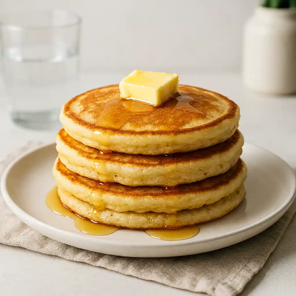 Golden-brown stack of pancake recipe without milk drizzled with maple syrup and topped with fresh berries, plated on a white ceramic dish in bright natural kitchen lighting.
