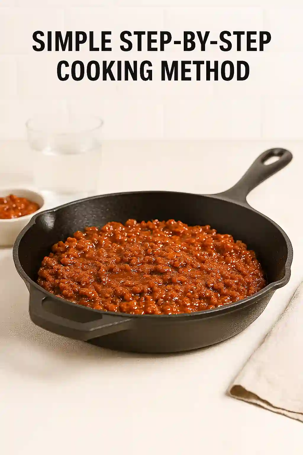 A skillet filled with browned ground beef simmering in sauce, styled in a bright kitchen with natural lighting and minimal background to illustrate the simple cooking method for sloppy joes.