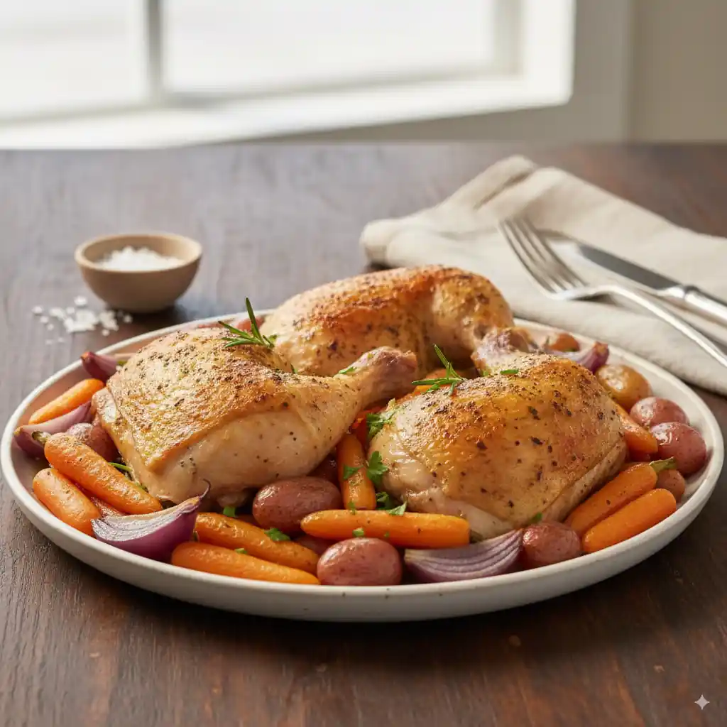 A beautifully plated dish of golden-brown baked chicken hindquarters, roasted baby carrots, small red potatoes, and red onions, garnished with fresh herbs, ready to serve on a wooden table.