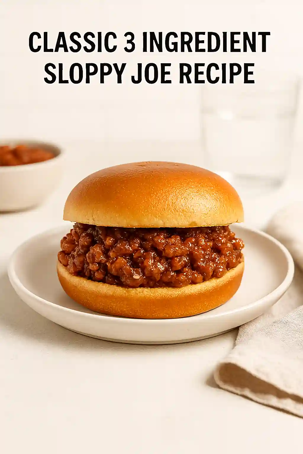 A classic sloppy joe sandwich made with ground beef, ketchup, and brown sugar, beautifully plated on a white ceramic dish in bright natural kitchen lighting with a minimal modern background.