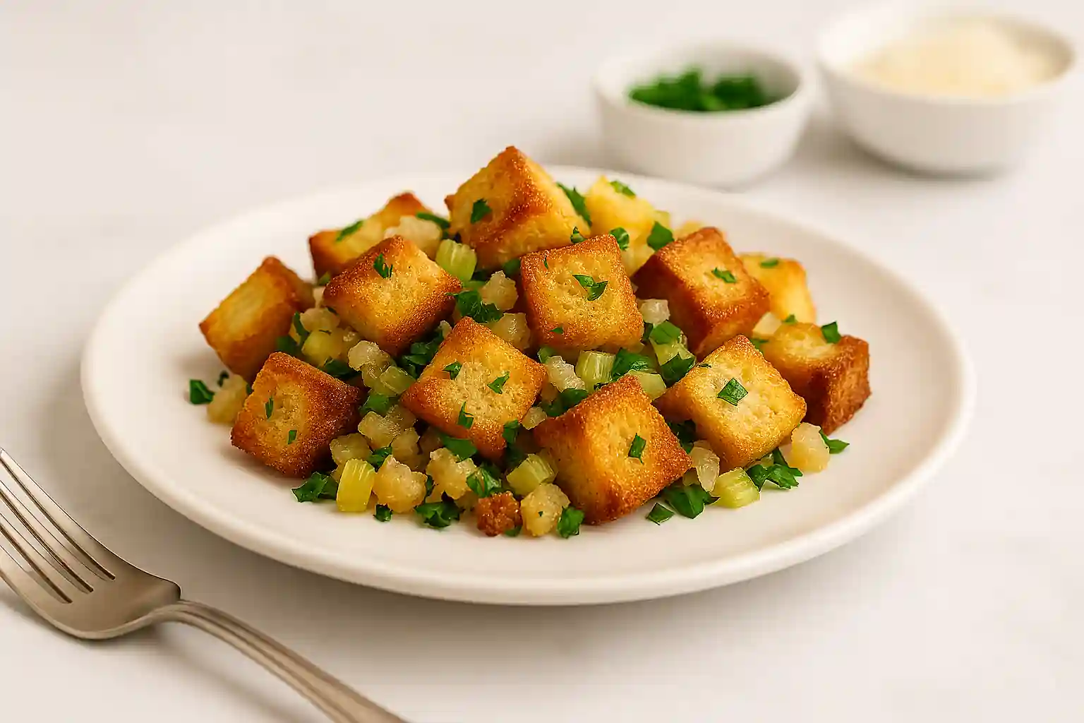 Beautifully plated gluten-free stuffing with golden bread cubes, sautéed vegetables, and fresh herbs in bright natural kitchen lighting.