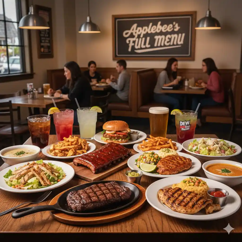 A large table at Applebee's filled with a wide variety of food and drinks from their full menu, including steaks, ribs, burgers, salads, and cocktails, with a "Applebee's Full Menu" sign in the background.