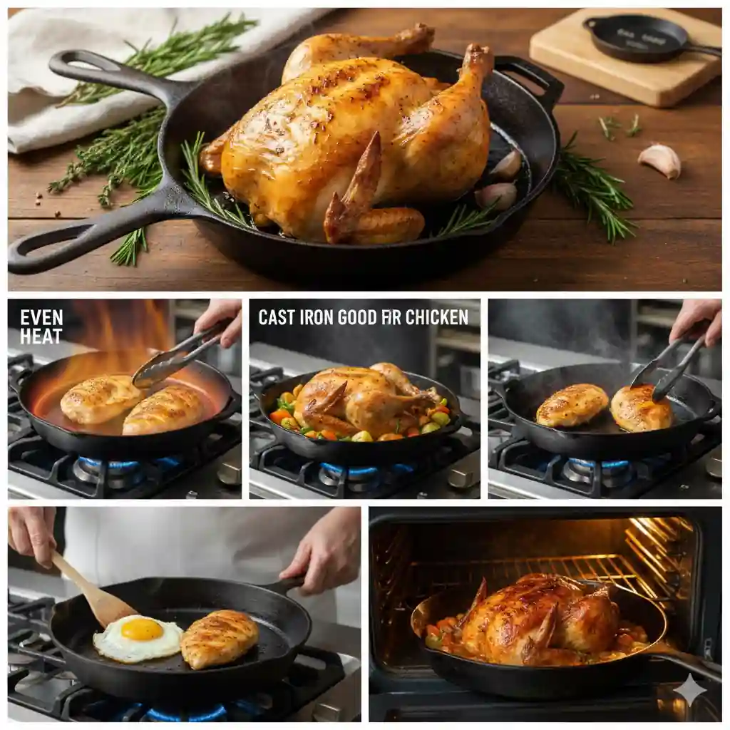 Collage of cast iron skillet chicken used to cook chicken, featuring roasted whole chicken, seared chicken breasts, and oven-baked chicken with vegetables