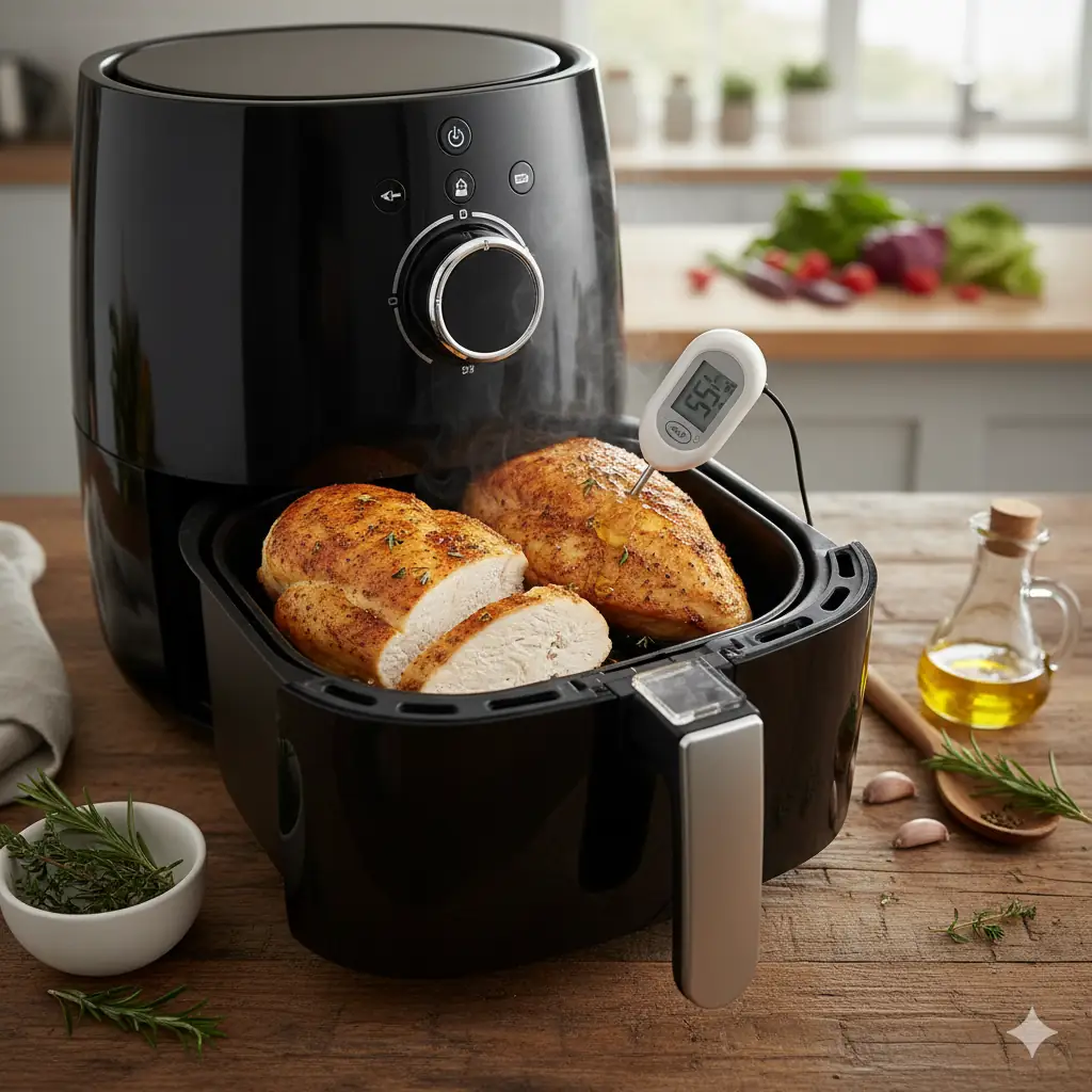 uicy air fryer chicken breast being checked with a meat thermometer, next to a sliced piece, with herbs and olive oil on a wooden table, featuring a modern black air fryer.