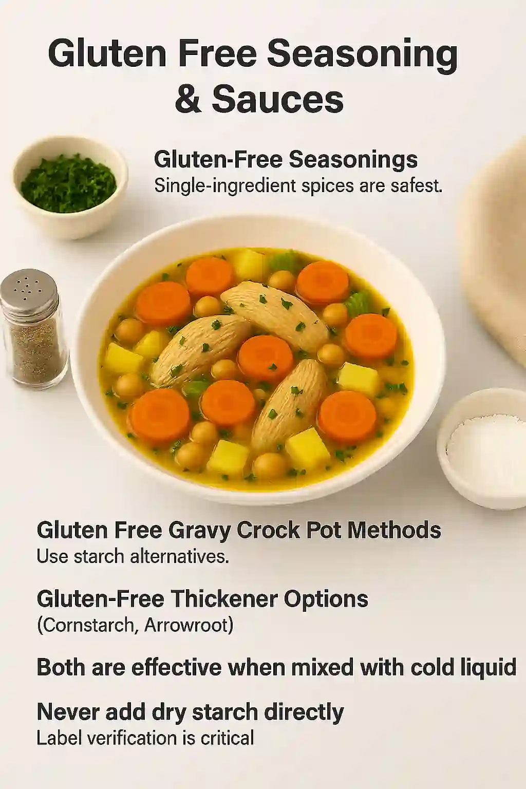 Gluten-free chicken stew plated with carrots, potatoes, and chickpeas beside bowls of cornstarch, arrowroot, and single-ingredient spices on a bright kitchen counter