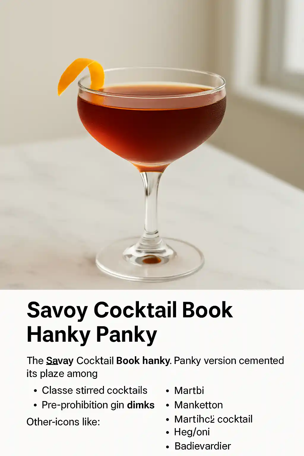 A Hanky Panky cocktail in a coupe glass with an orange twist garnish, placed on a white marble countertop in bright natural kitchen lighting.
