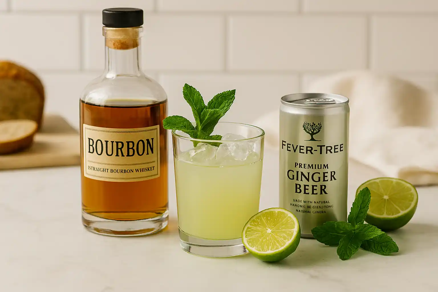 Kentucky Mule ingredients arranged on a marble countertop: bourbon, ginger beer, lime juice, mint, and bitters.