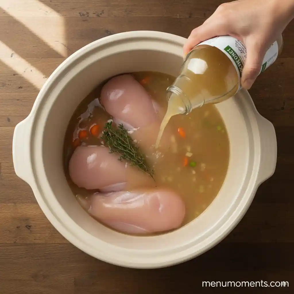 Hand pouring chicken broth into a crockpot over chicken breasts, vegetables, rice, and fresh herbs (thyme and bay leaf), ready to cook, branded menumoments.com