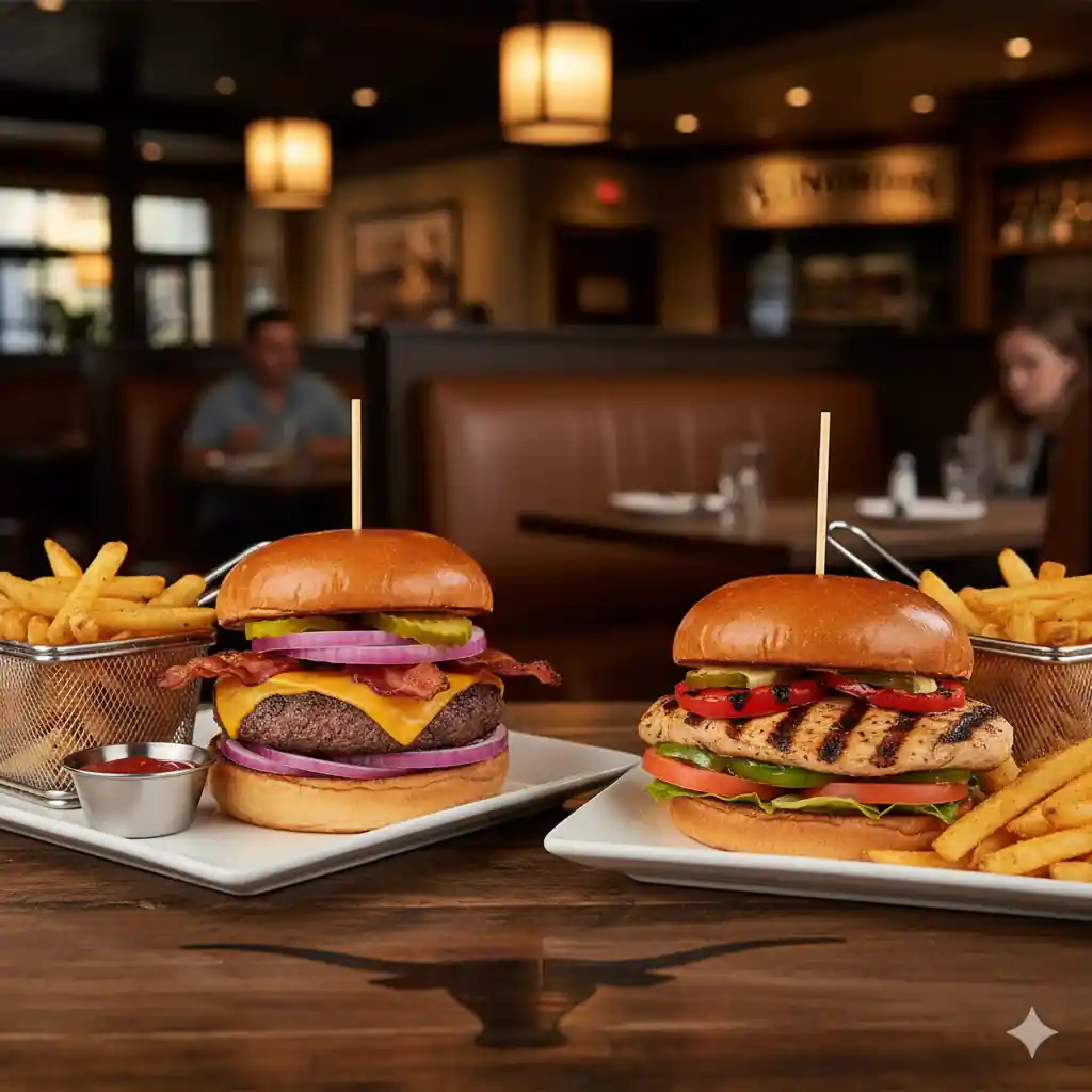 A hearty Steakhouse Burger with bacon, cheddar, onion, and pickles next to a Grilled Chicken Sandwich with bell peppers and tomato, both served with golden fries at Longhorn Steakhouse.