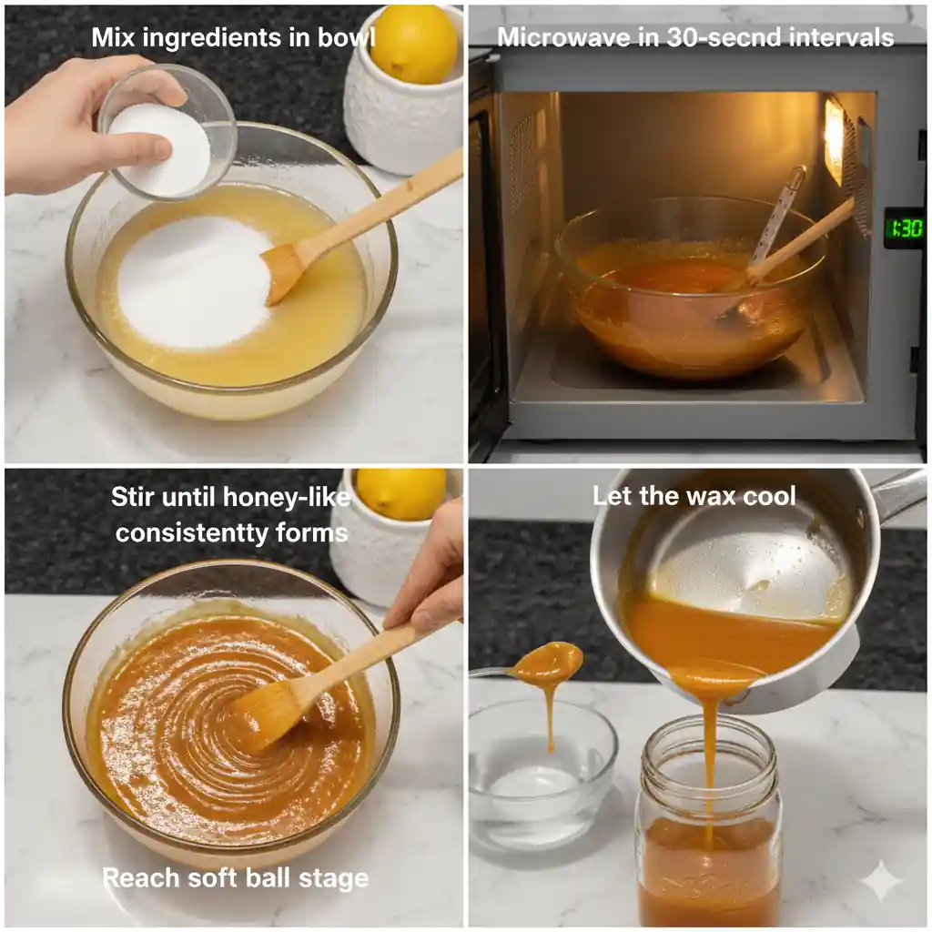 Step-by-step microwave sugar wax recipe showing mixing, heating, stirring, and cooling stages