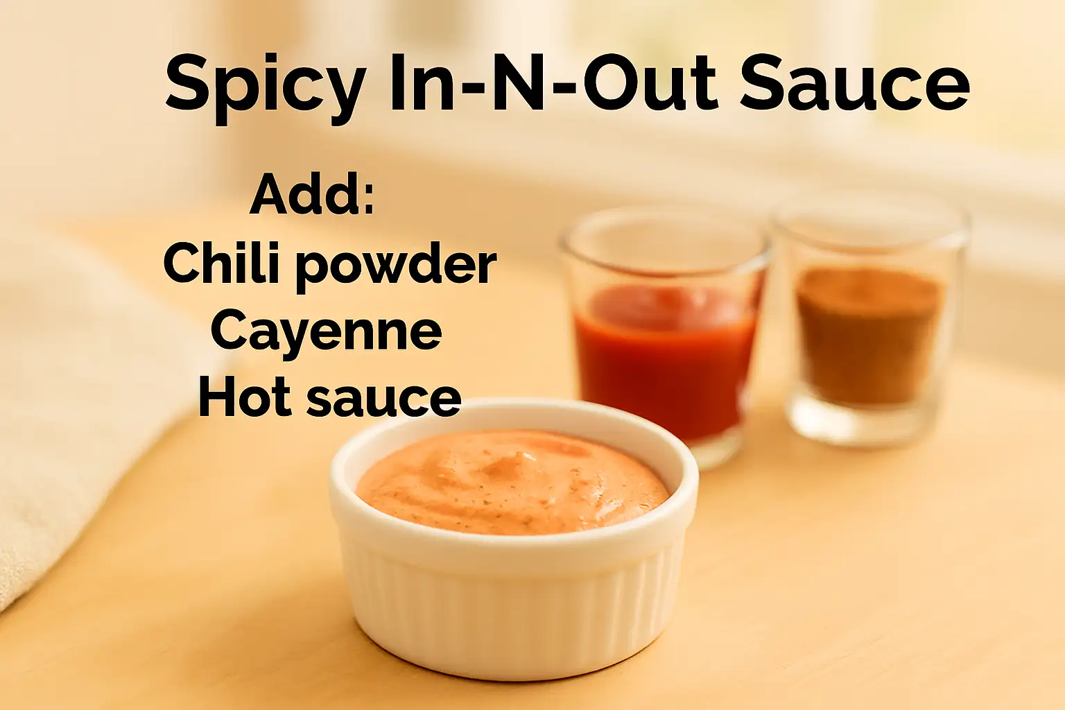 A small white ceramic bowl filled with creamy reddish-orange spicy In-N-Out sauce, flecked with chili powder and cayenne, placed on a light wooden surface with natural lighting and minimal background.