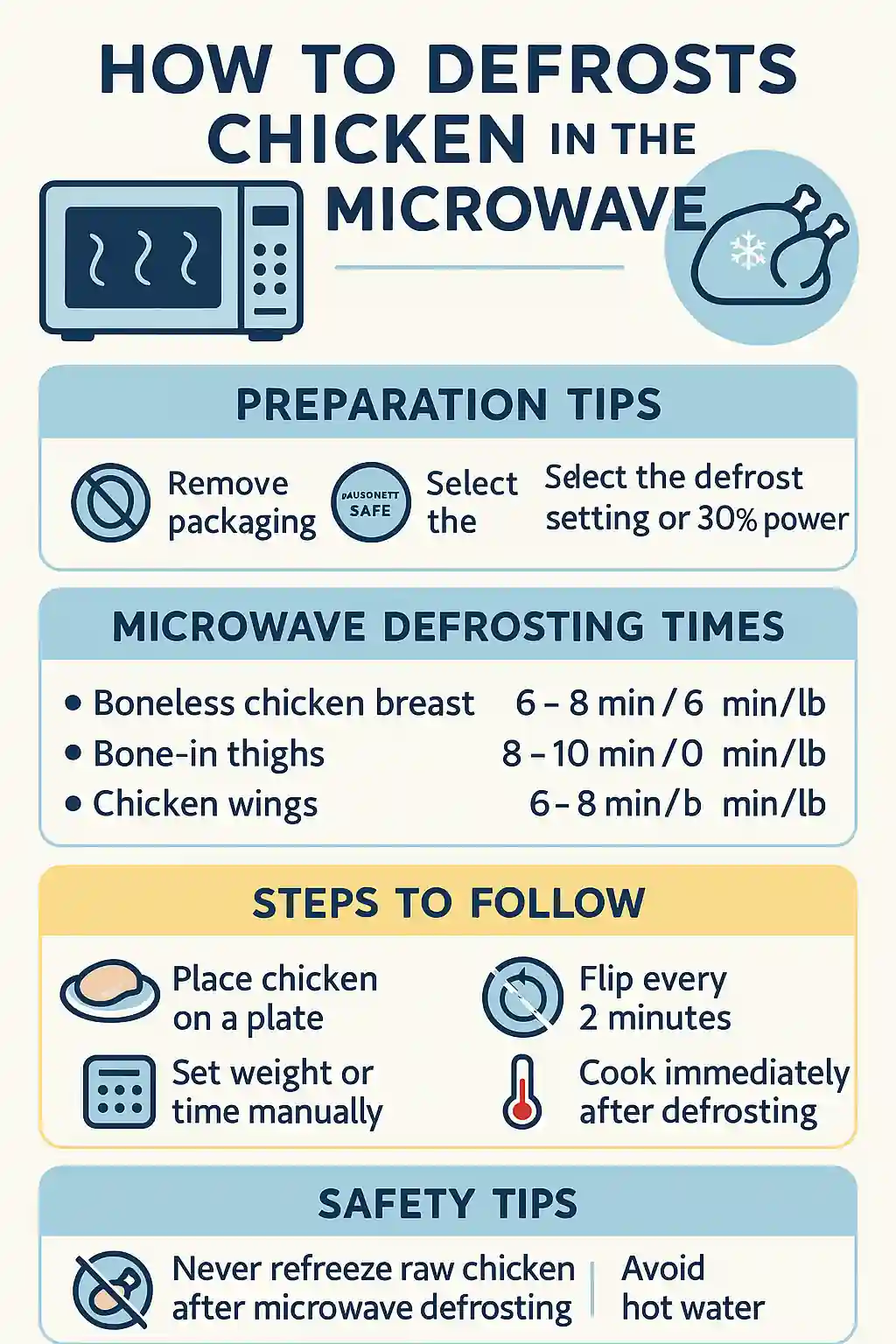 Infographic showing microwave chicken defrosting steps, with icons and tips in a clean vertical layout using light blue, white, and soft yellow colors.