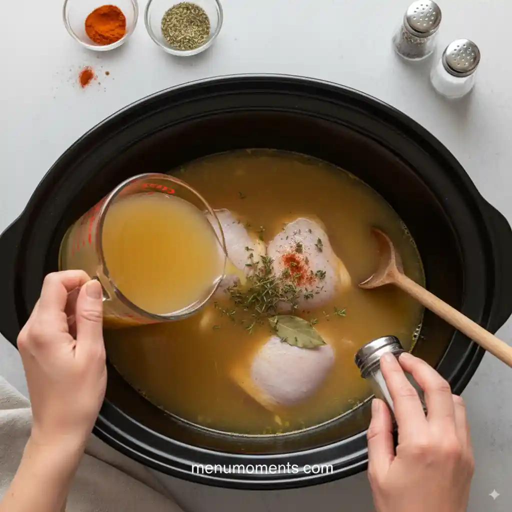 Hands pouring chicken broth from a measuring cup into a crockpot over chicken and vegetables, while another hand sprinkles salt and adds herbs like thyme, rosemary, and a bay leaf. Branding: menumoments.com