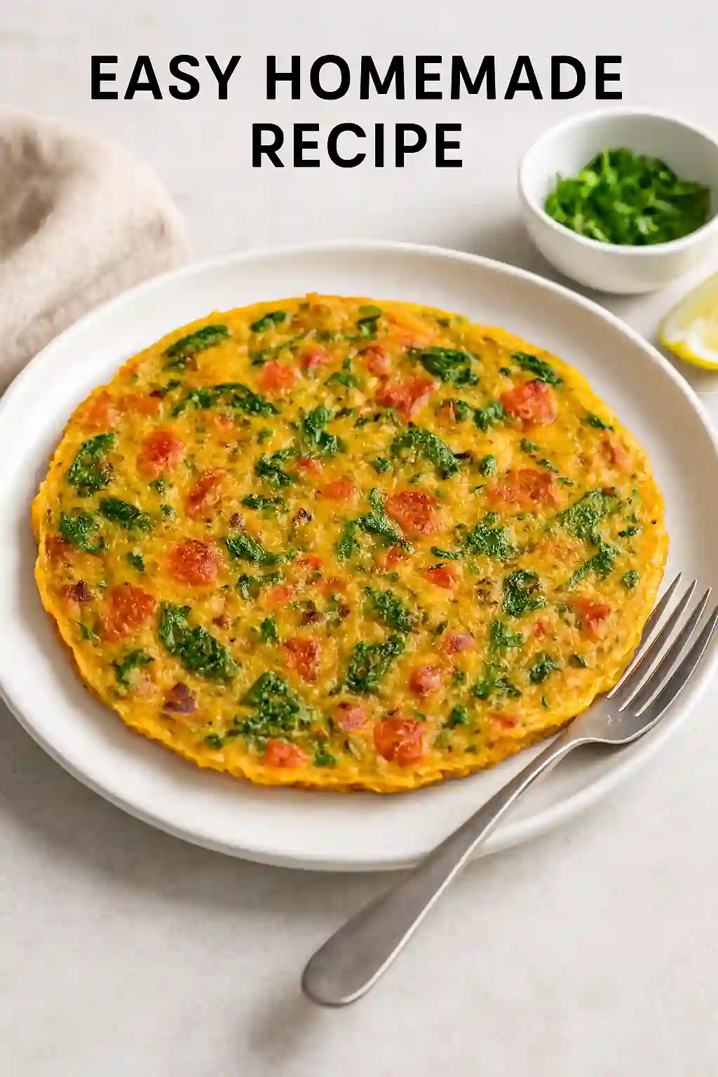 Golden chickpea flour pancake with spinach, tomatoes, and onions, garnished with cilantro, served on a white ceramic plate in bright natural kitchen lighting.