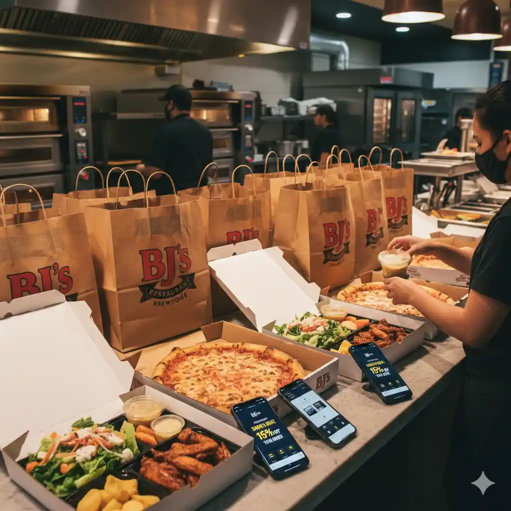 A busy kitchen counter at BJ's Restaurant Brewhouse, with several takeout orders including pizzas, salads, and appetizers being prepared and packed into branded paper bags, alongside smartphones displaying online order discounts.