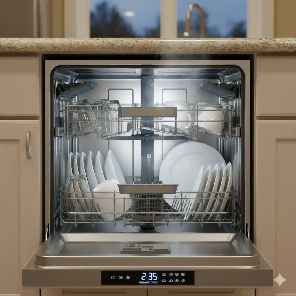 Open modern dishwasher with clean dishes, steam rising, and a digital display showing "2:35 NORMAL CYCLE" in a kitchen.