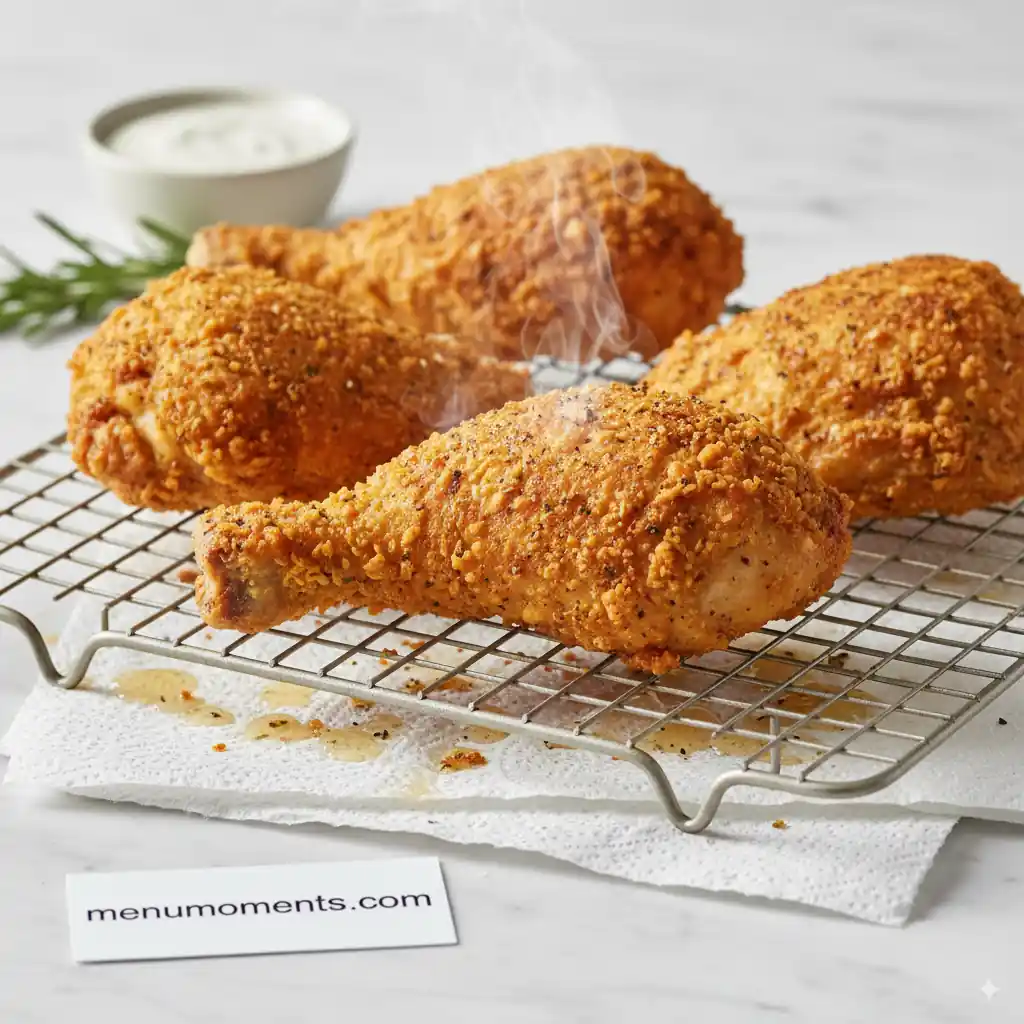 Four hot, golden-brown broasted chicken drumsticks resting on a wire rack over paper towels, with steam gently rising from them. A small bowl of dip and rosemary sprigs are blurred in the background, branded menumoments.com.
