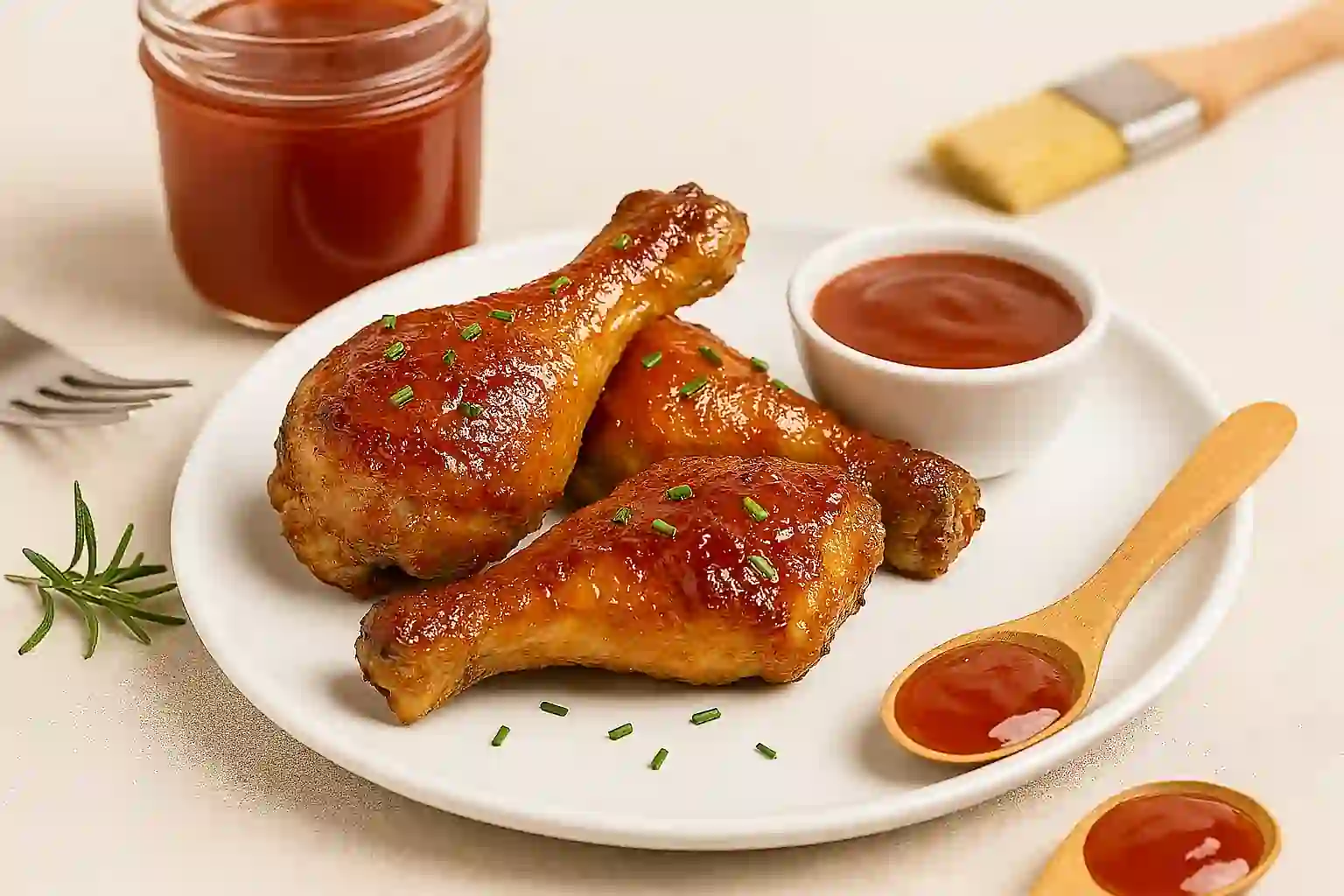 "Crab apple jelly barbecue glazed pork ribs with sauce bowl and wooden spoon in bright kitchen light"