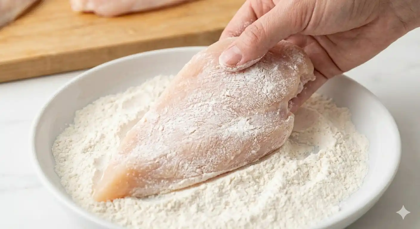 A hand holding a chicken breast that has been lightly dredged in a white bowl containing flour.