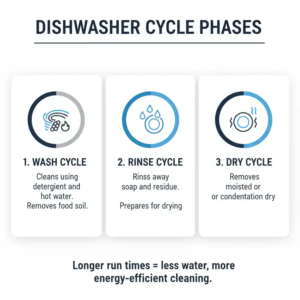 Infographic detailing the three main dishwasher cycle phases: Wash (cleans with detergent and hot water), Rinse (rinses away soap and residue), and Dry (removes moisture).