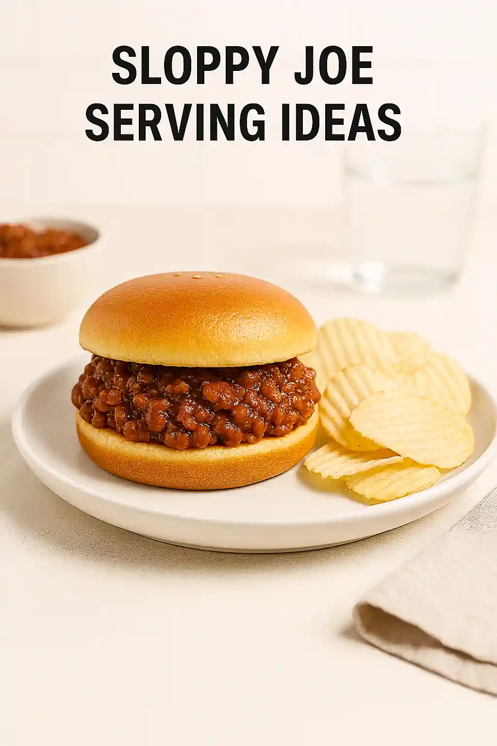 A classic sloppy joe sandwich served with potato chips on a white plate, styled in bright natural kitchen lighting with a minimal modern background.