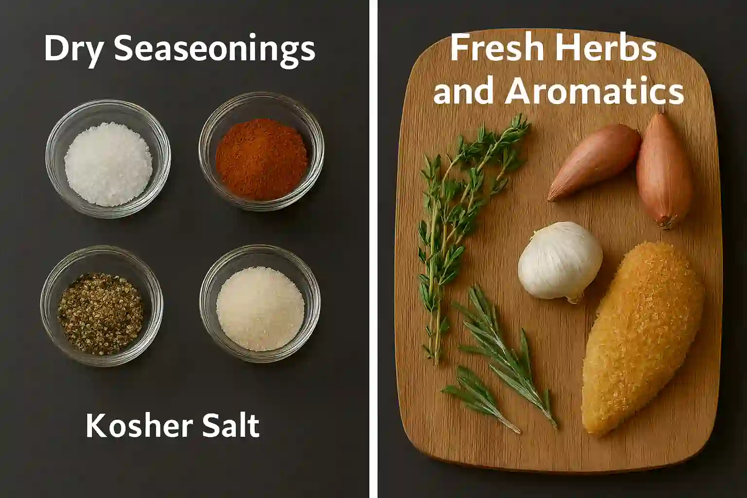 Bowls of kosher salt, black pepper, paprika, garlic powder, and onion powder arranged on a wooden cutting board