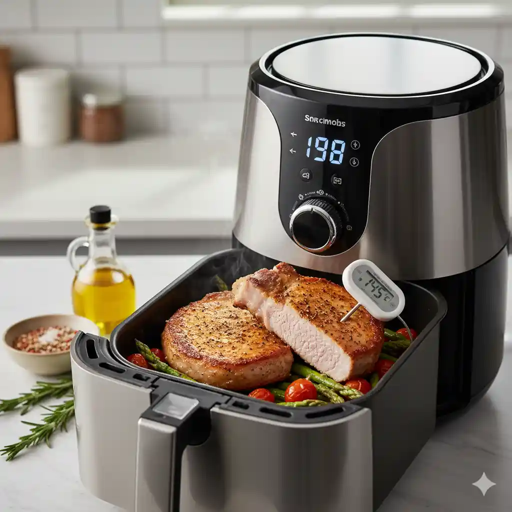 Perfectly cooked, juicy pork chops in an air fryer basket with a meat thermometer showing 145°F, surrounded by roasted vegetables.