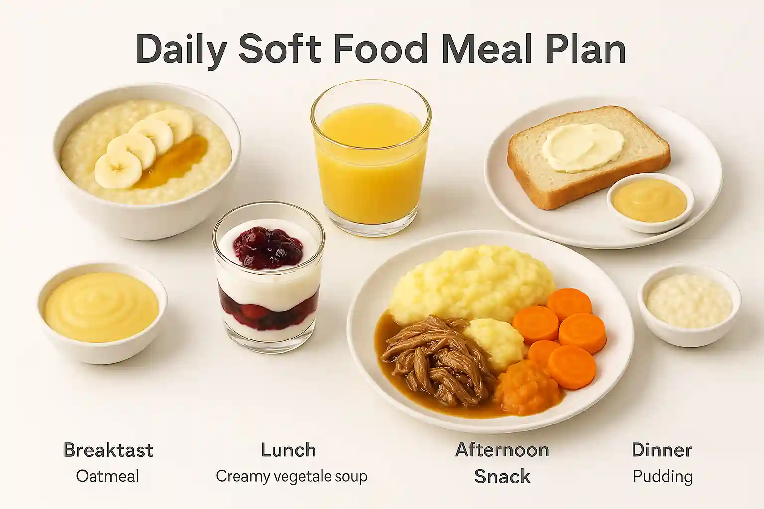 High-resolution image displaying a complete soft food meal plan: breakfast with oatmeal, mashed banana, scrambled eggs, and juice; mid-morning yogurt with stewed berries; lunch featuring creamy vegetable soup, soft bread with cheese, and applesauce; afternoon snack of pudding; dinner with tender pulled pork, mashed potatoes, squash mash, cooked carrots, and rice pudding—all plated in bright, modern settings with fresh garnishes.