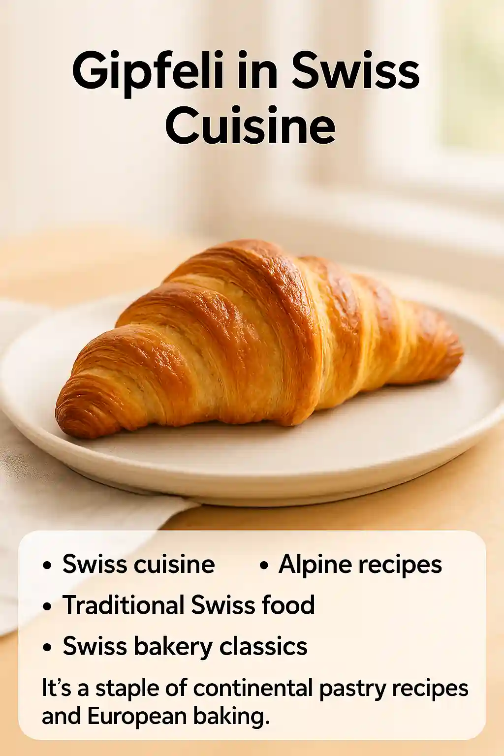 Golden-brown Gipfeli (Swiss croissant) plated on a white ceramic dish in bright natural kitchen lighting, with soft shadows and a minimal background.