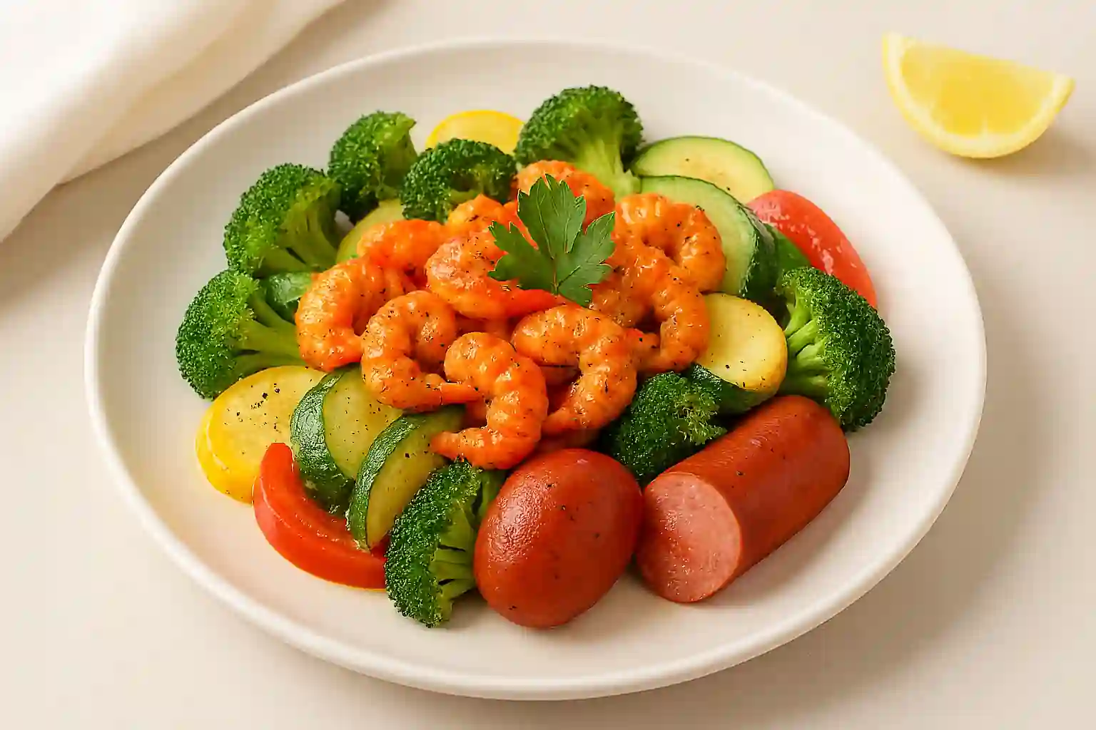 A healthy crawfish dish with sautéed crawfish tails, broccoli, zucchini, squash, and red bell pepper, garnished with parsley and lemon, plated in bright natural kitchen lighting with a minimal background.