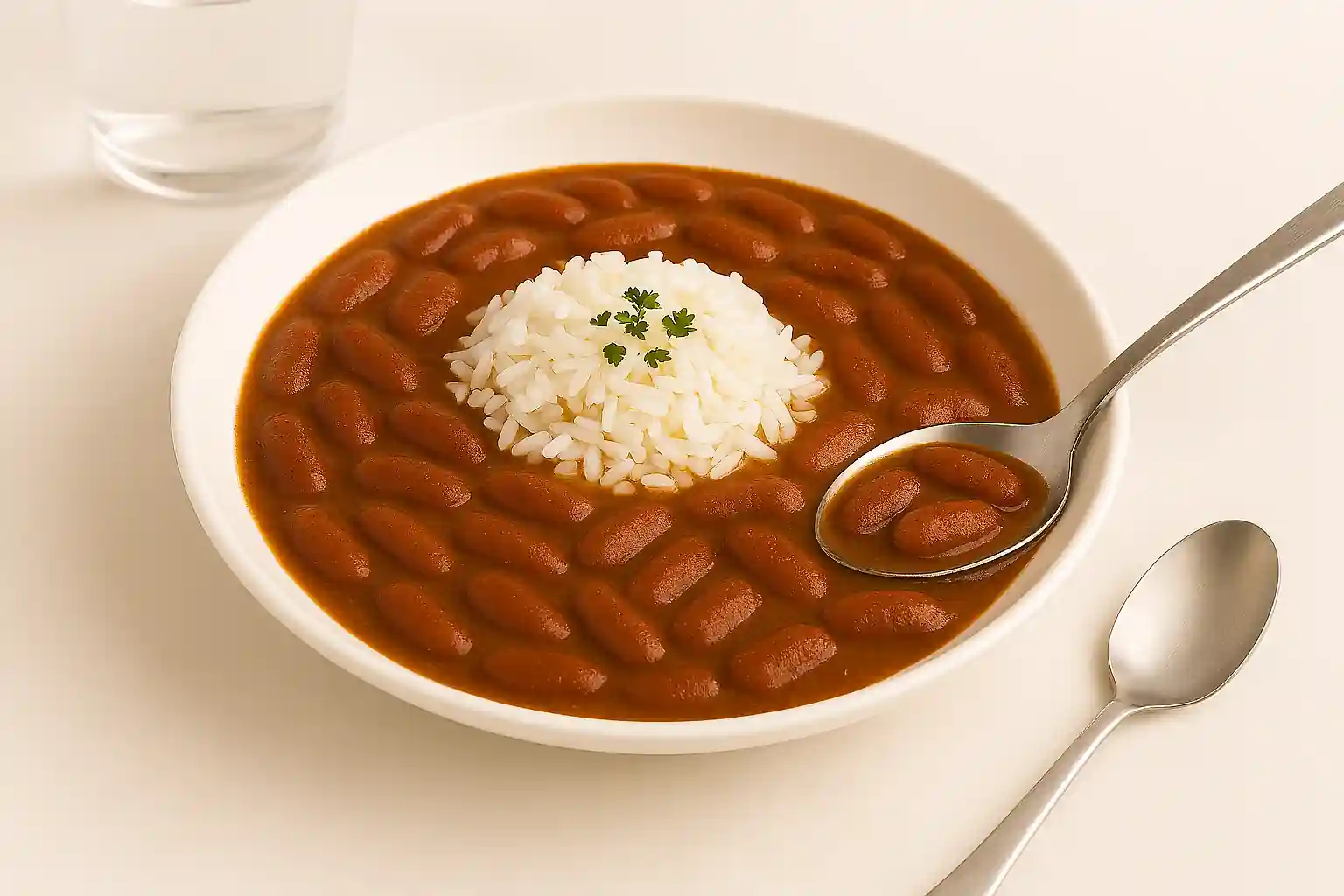 Vegan red beans and rice served in a white bowl with parsley garnish and spoon on a light kitchen counter