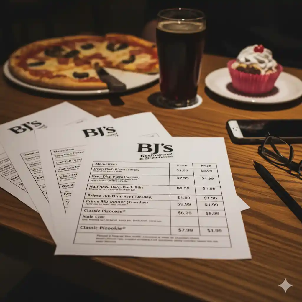 A close-up of BJ's Restaurant & Brewhouse menu on a wooden table, showing pricing tables for various dishes, with a deep-dish pizza and a glass of dark beer blurred in the background.