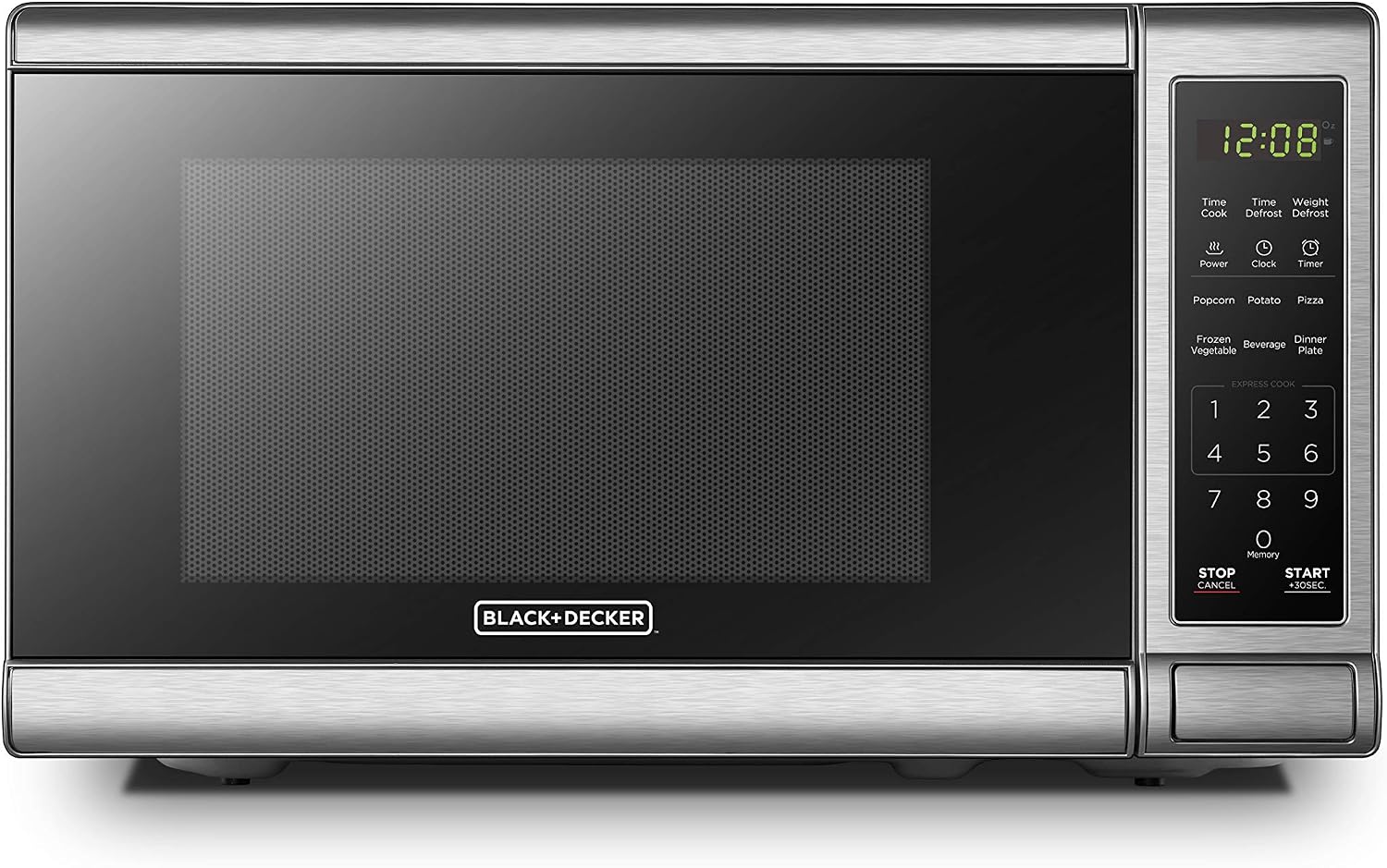 Black+Decker stainless steel microwave with digital time display “12:08” and a comprehensive control panel featuring presets like popcorn, potato, pizza, frozen vegetables, beverage, dinner plate, and defrost options.