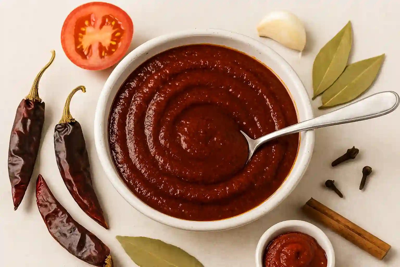 Mexican adobo sauce with dried chiles, cinnamon, bay leaves, garlic, and vinegar in natural light