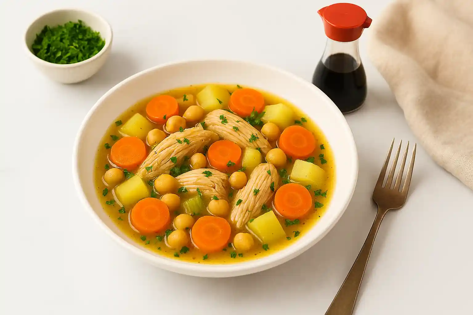 Gluten-free chicken stew plated with carrots, potatoes, and herbs beside a soy sauce bottle on a marble countertop