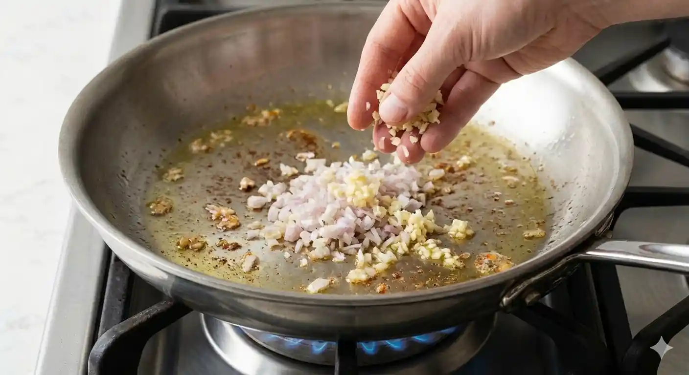 A hand adding chopped shallots and garlic to a hot pan that still contains the browned bits and oil from cooking the chicken.