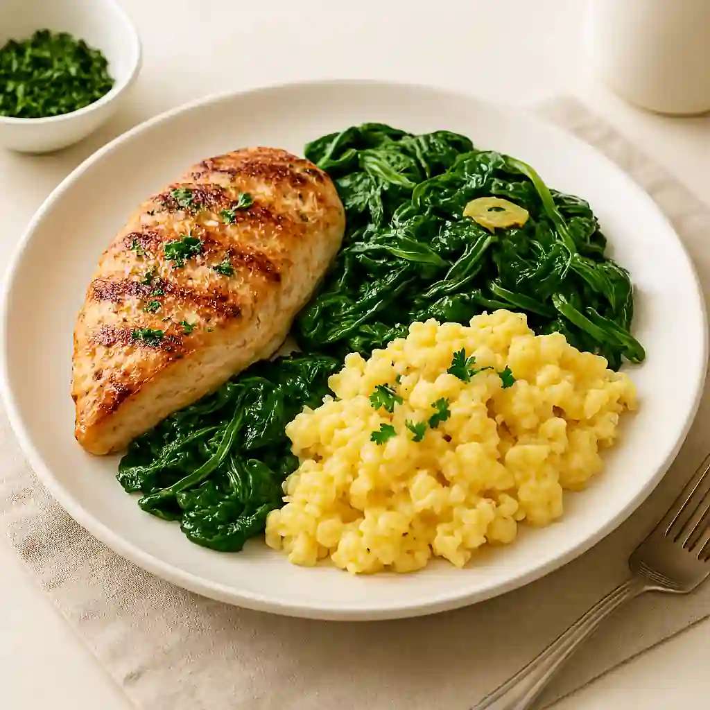 A realistic, high-quality photo of a low histamine protein plate featuring grilled chicken breast, sautéed spinach, and scrambled eggs, plated on a white ceramic dish in natural kitchen lighting with a minimal background.