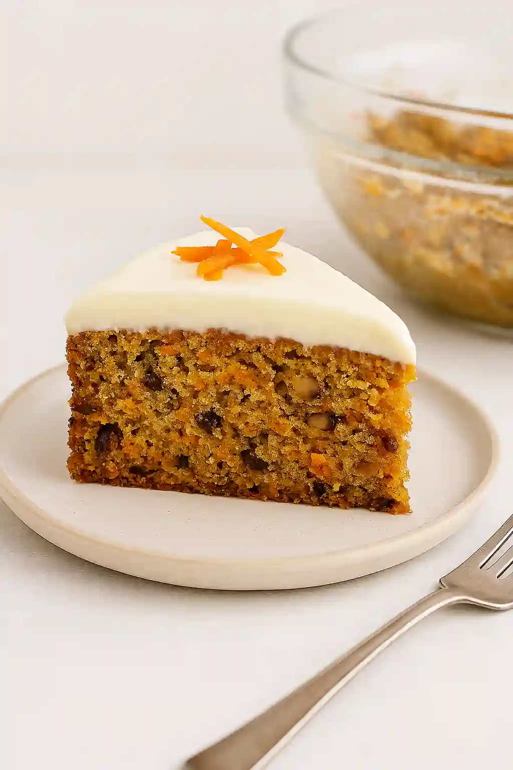 A slice of homemade gluten-free carrot cake with cream cheese frosting and carrot garnish, plated on a ceramic dish in bright natural kitchen lighting with a minimal modern background.