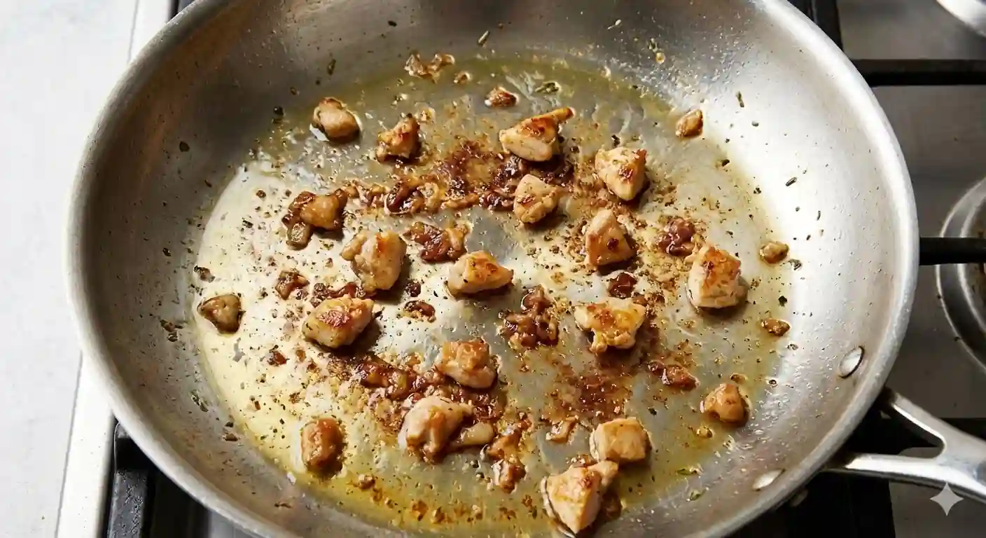 A stainless steel skillet showing caramelized chicken bits and rendered fat left on the bottom after cooking, with some small pieces of chicken remaining.