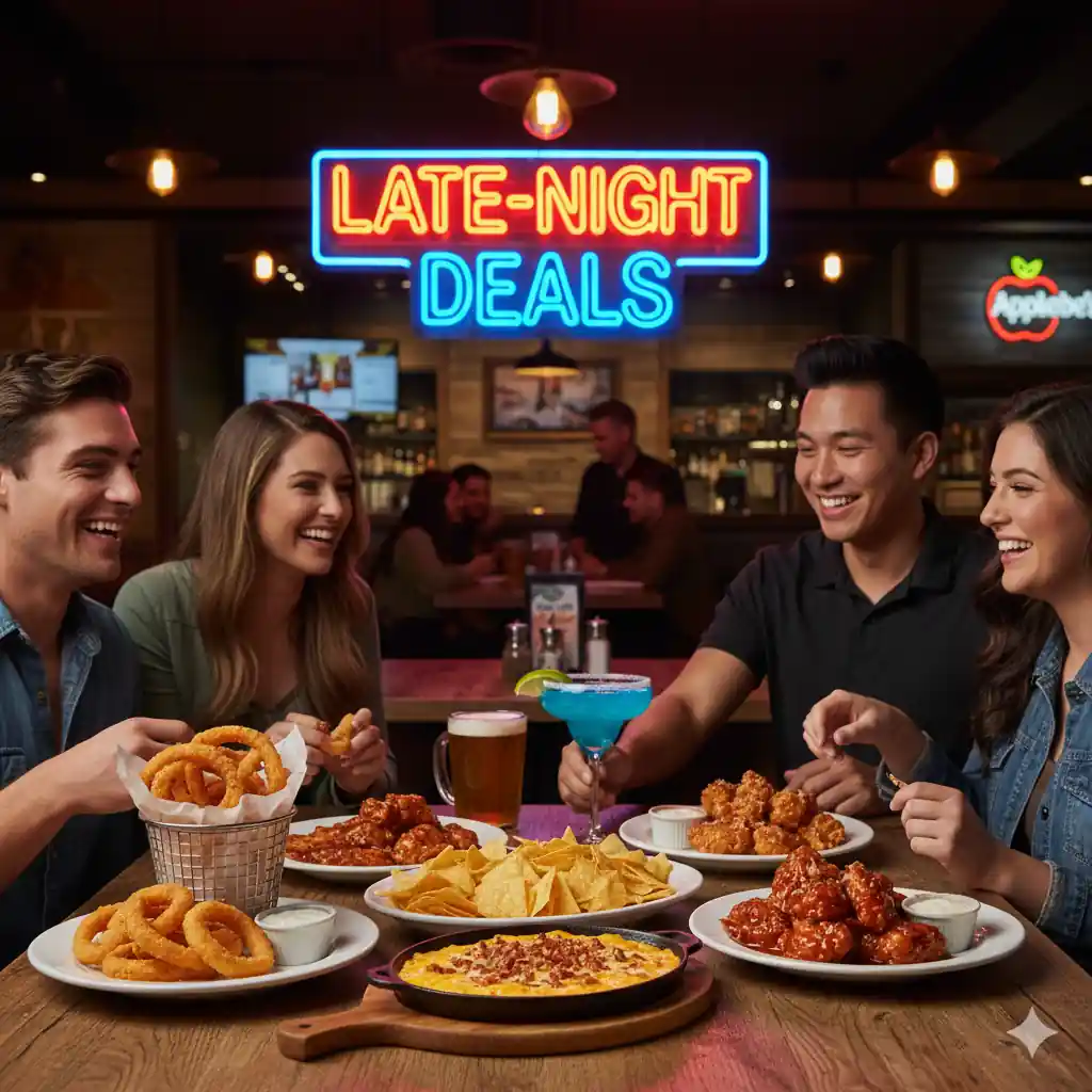 Friends enjoying late-night deals at Applebee's with a "Late-Night Deals" neon sign in the background, featuring various appetizers and drinks.