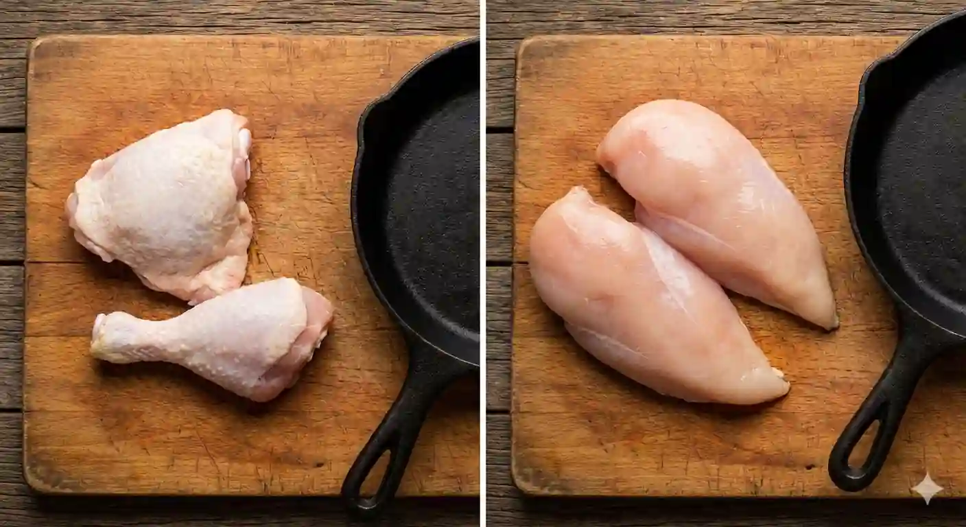 split image showing raw bone-in chicken thigh and drumstick next to a cast iron skillet on the left, and two raw boneless chicken breasts next to another skillet on the right.