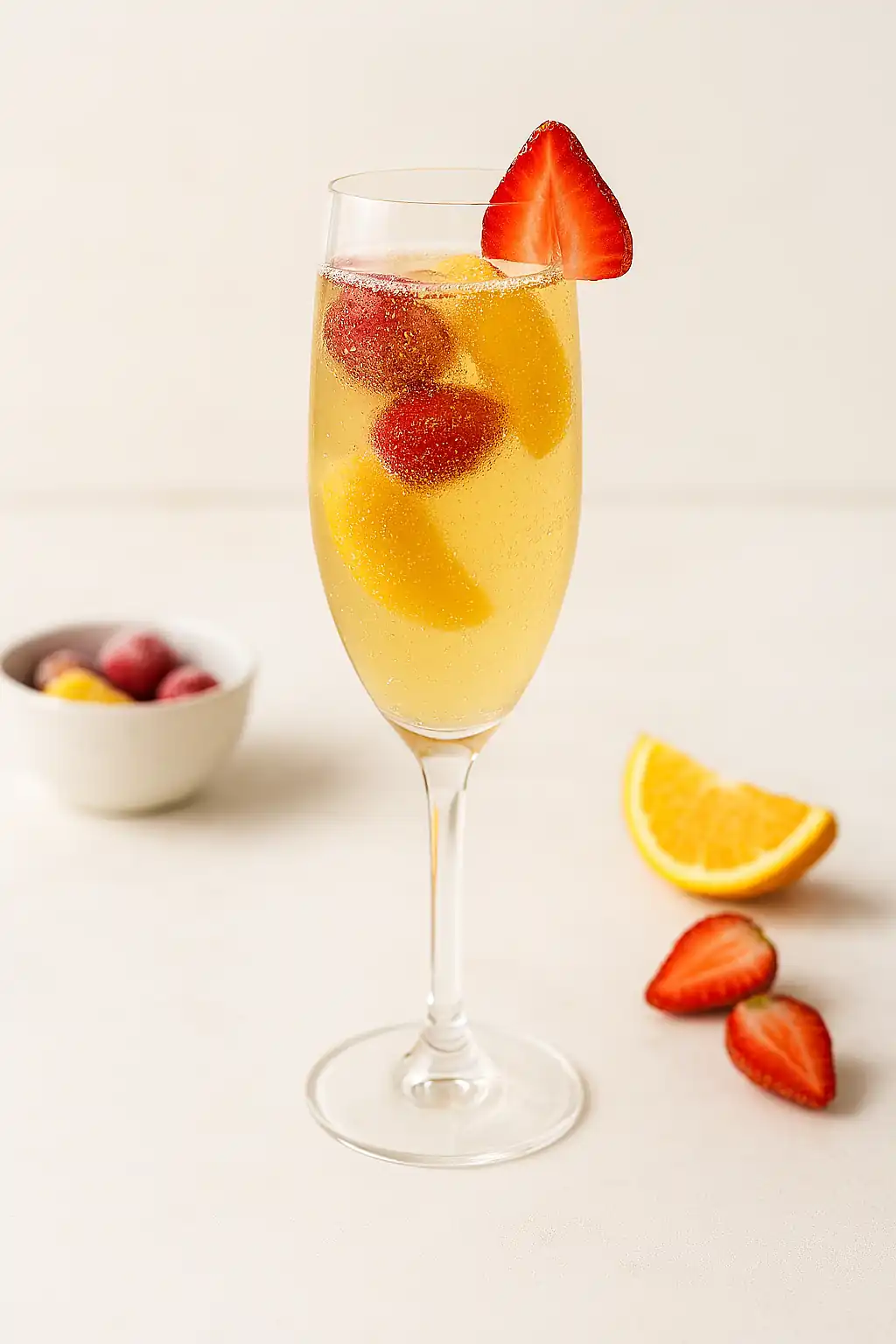 New Year’s Eve mockmosa in a champagne flute with frozen strawberries and peach slices, styled on a marble countertop with bright natural lighting.