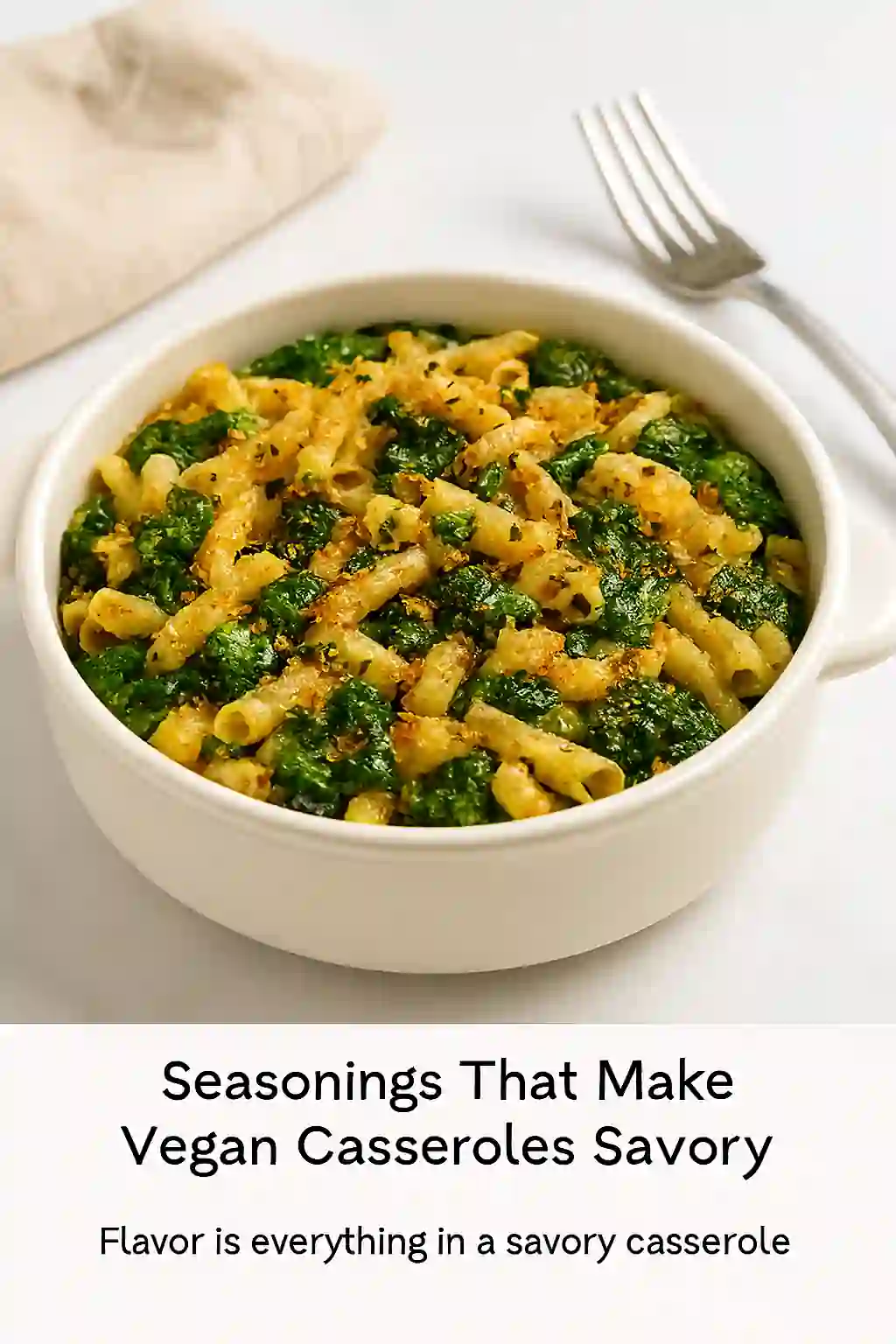 "Savory vegan casserole seasoned with garlic powder, onion powder, smoked paprika, Italian herbs, black pepper, sea salt, and chili flakes, served in a ceramic dish under natural kitchen lighting."
