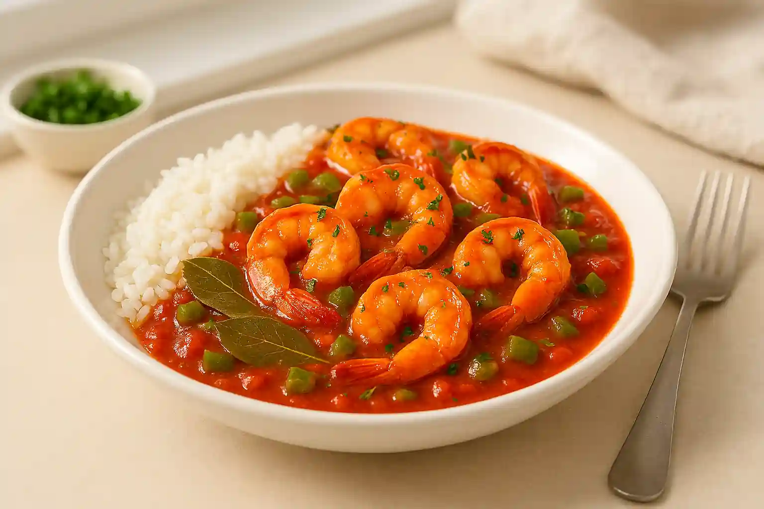 Single serving of prawn creole in tomato sauce over white rice, garnished with parsley in a sunlit kitchen.