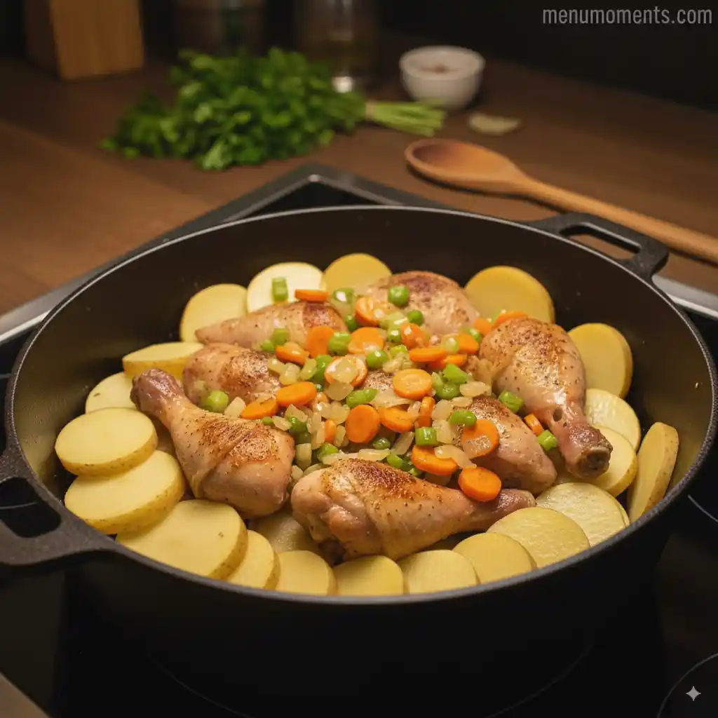 Sliced raw potatoes are arranged in a layer at the bottom of a cast iron skillet, topped with seared chicken pieces and the sautéed vegetable mixture (onions, carrots, celery). The layers are ready for simmering. A "menumoments.com" watermark is visible in the background.